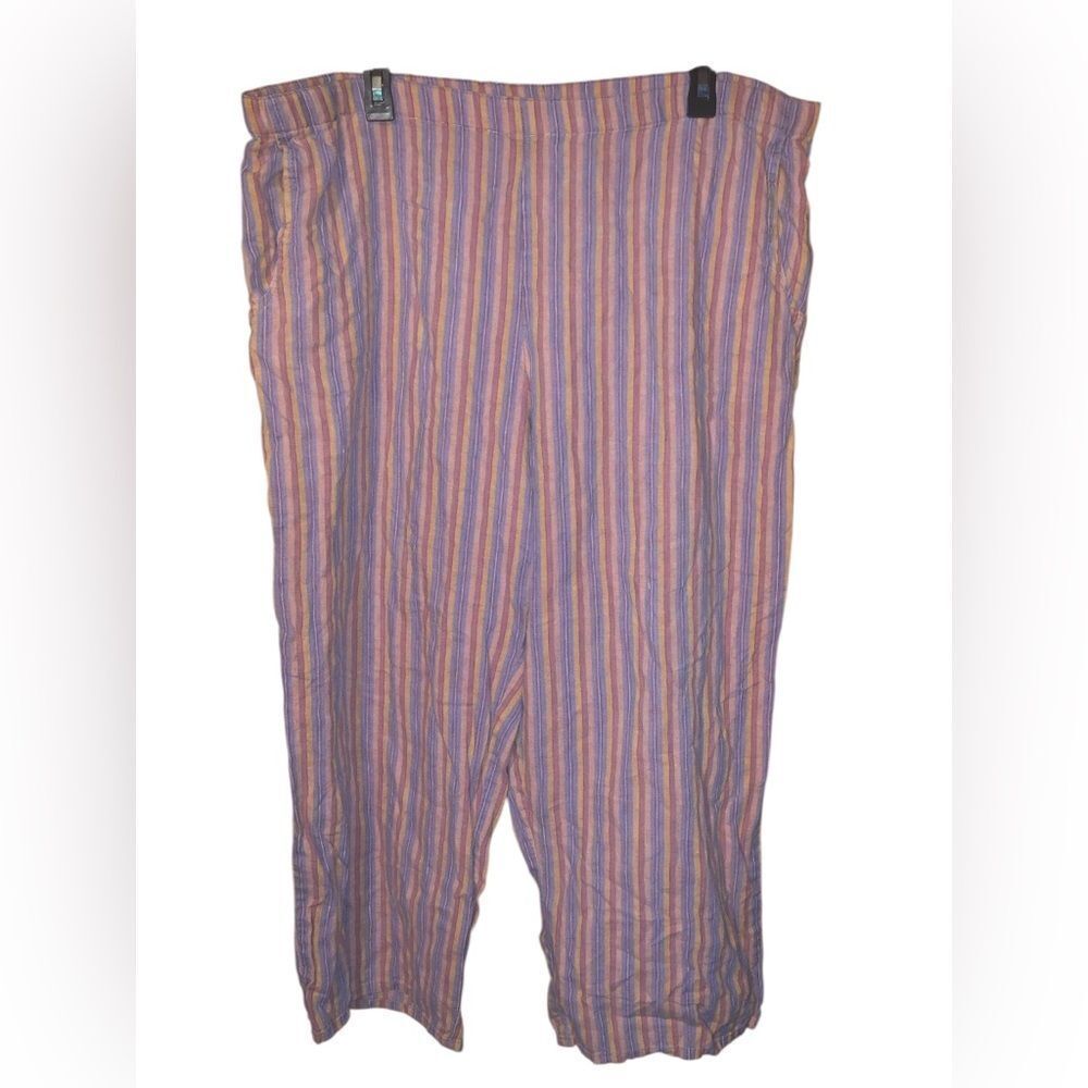 380. FLAX 100% Linen Striped Multicolor Pull on Pants size Large (14-18)